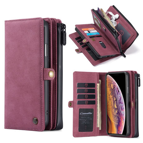 CaseMe iPhone X Avtagbart Vintage Lommebokdeksel i Skinn med Glidelås – Rød